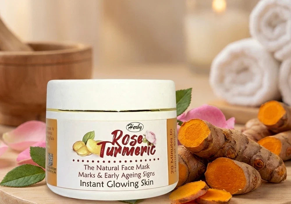 Fresh organic rose petals and turmeric roots used for a natural face pack for instant glow.