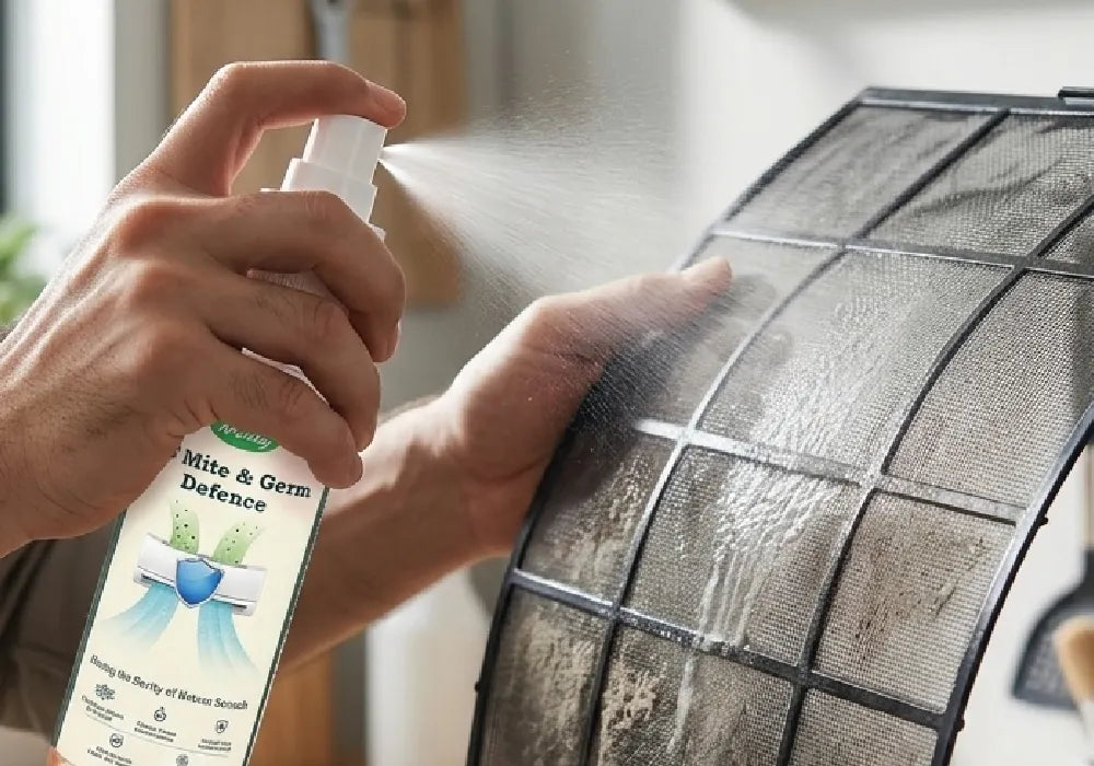 Person spraying a mesh filter with a natural ac cleaning spray to clear dust mites.