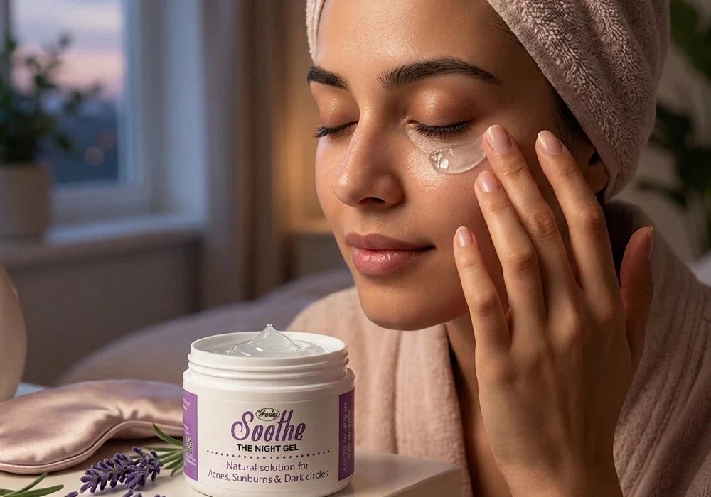 A person gently tapping a lightweight herbal gel under their eyes as part of an overnight natural remedy for under eye dark circles.