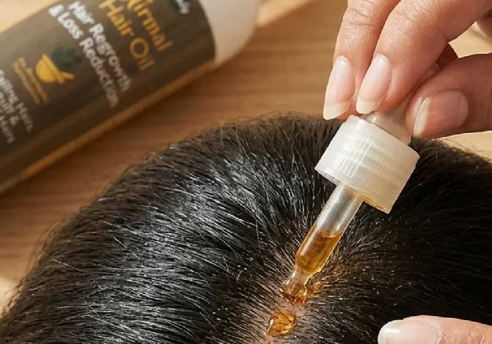 A close up shot of a person applying the best hair oil for hair regrowth directly onto their parted scalp.